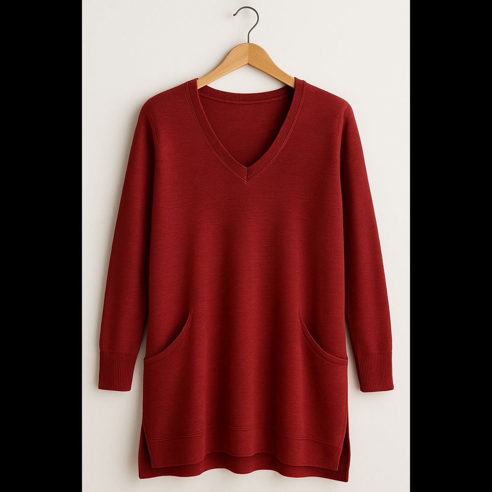 Eileen Fisher Raspberry Soft V-Neck 100% Merino Wool Tunic Sweater